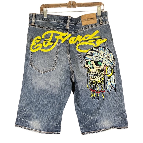 Ed Hardy Other - Vintage Y2K Ed Hardy Mens Shorts Denim Pirate Skull size 33 Embroidered Rare